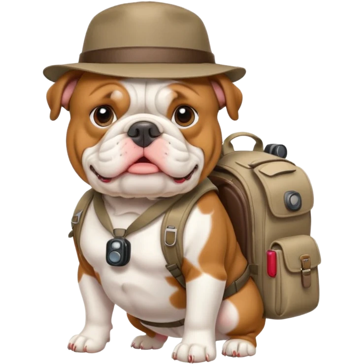 english bulldog tour guide with a backpack and camera emoji