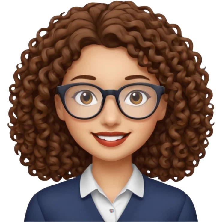 Young woman, curly brown hair, shoulder-length, brown lips, glasses emoji