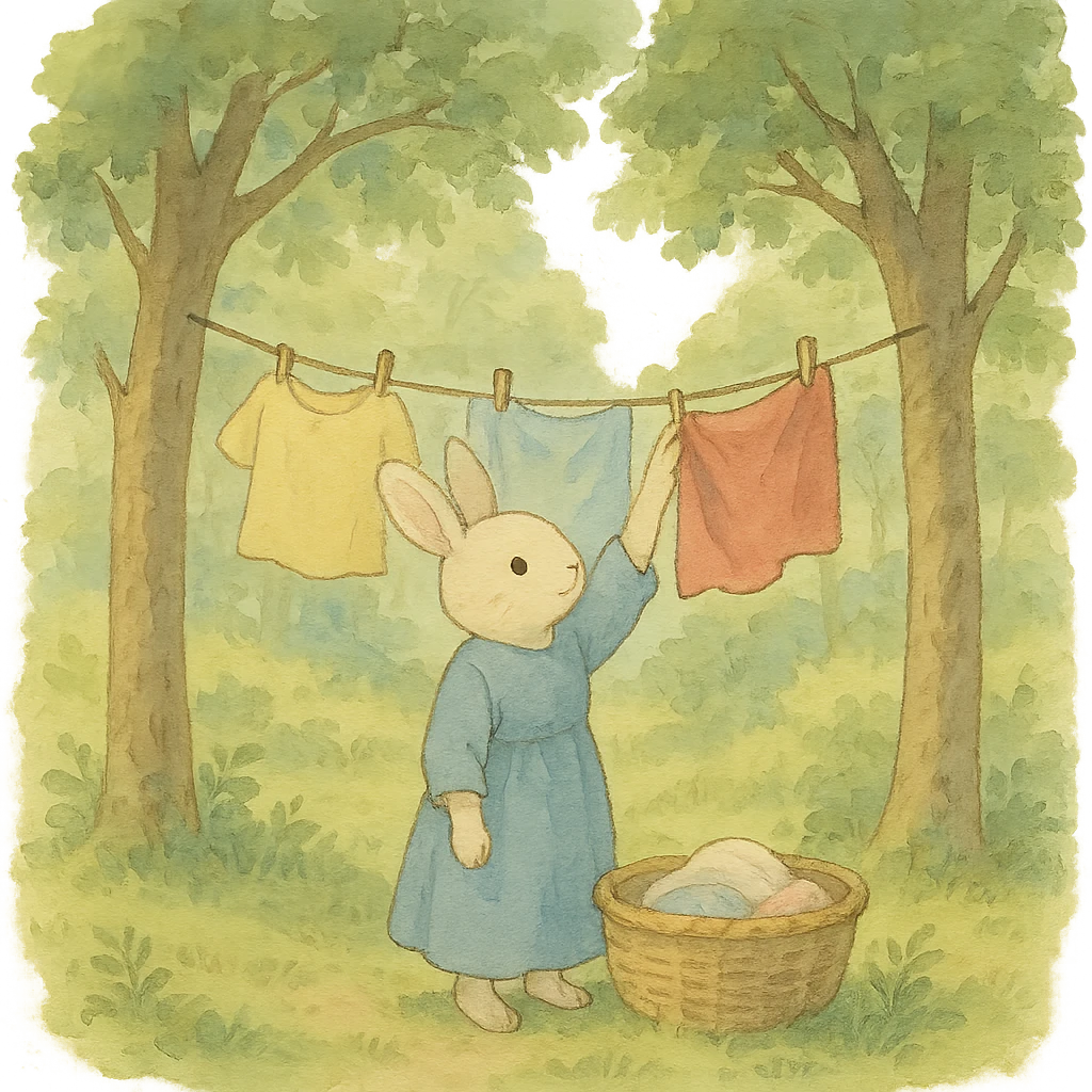 bunny hanging laundry between trees, calming domestic forest feel, soft pastel colors emoji