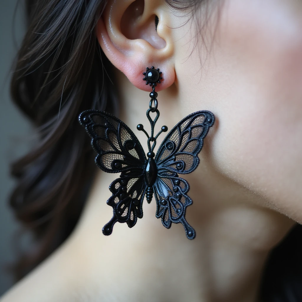 realistic goth earrings, black lace butterfly, delicate gothic, intricate details emoji