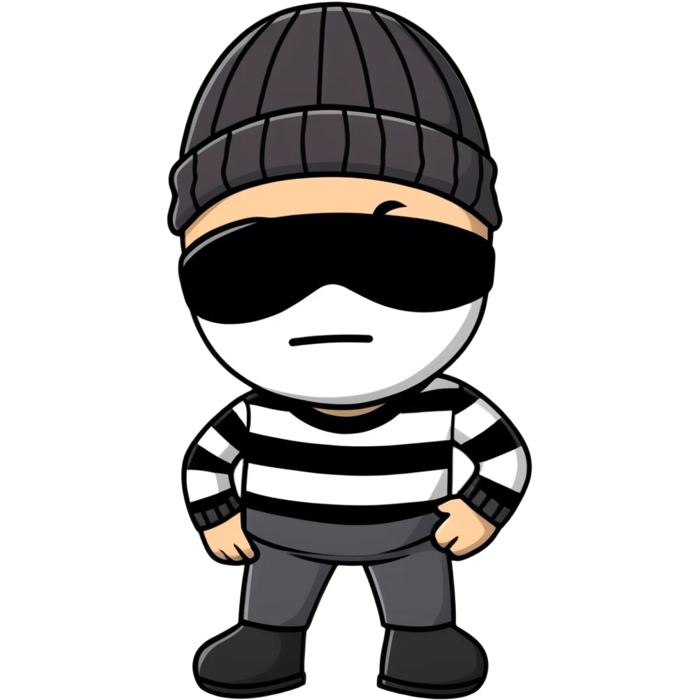 character with black and white striped shirt, black beanie, black mask over eyes emoji