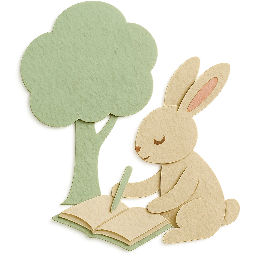 rabbit writing in a journal under a tree, pastel green and beige, paper craft style emoji