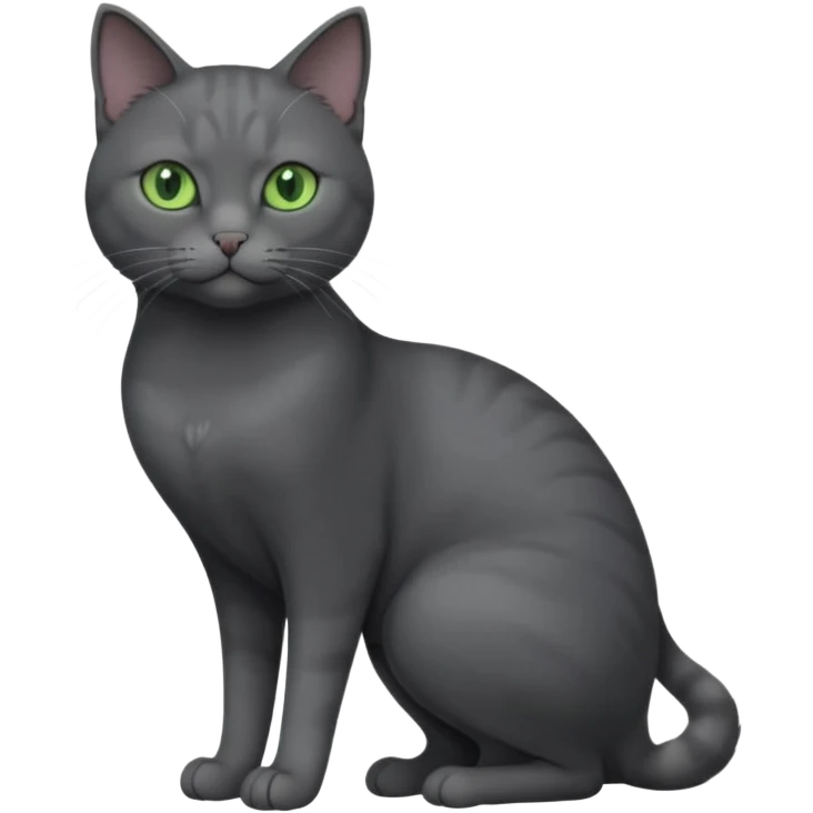 full body view of beautiful female solid dark grey cat with green eyes, grey face, white toes/paws and small white patch on her chest emoji