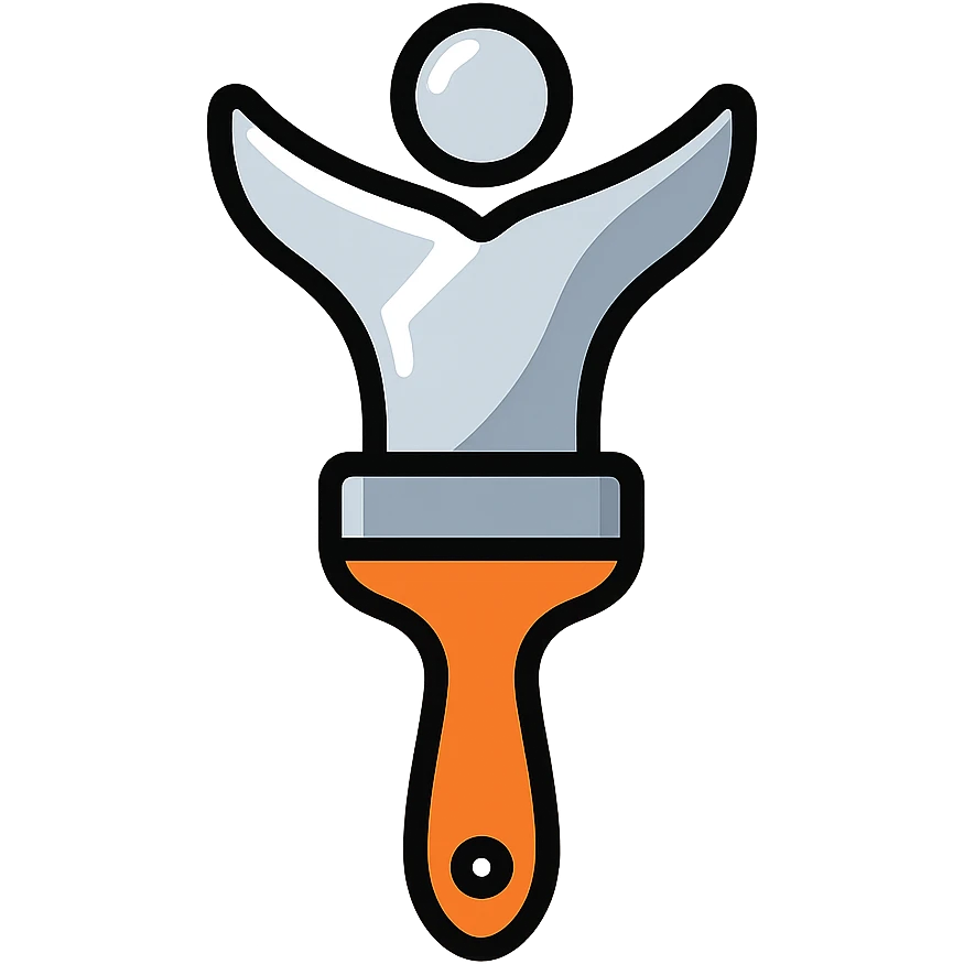 A paintbrush transforming into a silver metallic human figure emblem, artistic identity symbol, with reflective surface emoji