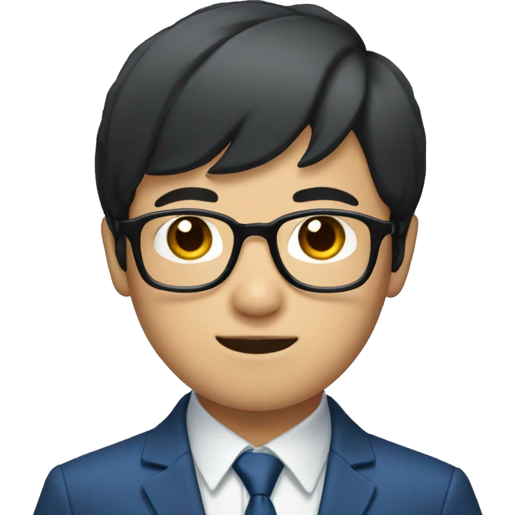 Asian boy with fair skin, short black hair, wearing a blue suit and black glasses emoji