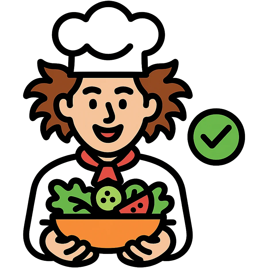 a wild-haired brown-haired man in a chef's hat, presenting a salad, with a green checkmark next to him, flat color icon style emoji
