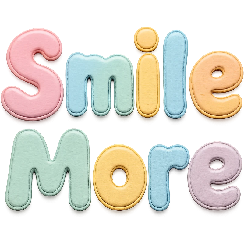 Cute bubble font "Smile More" in soft pastel rainbow puffy lettering, no frame, isolated for stickers, transparent background emoji