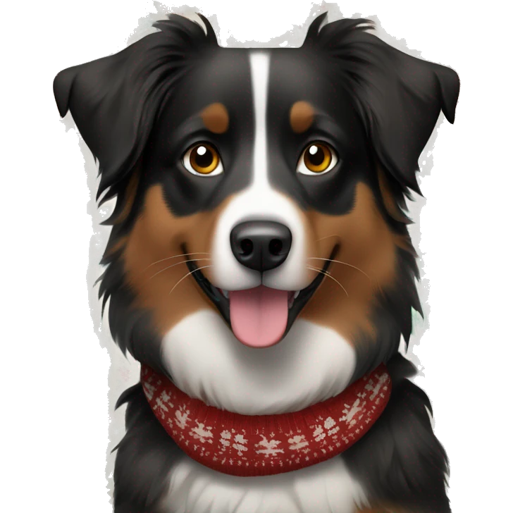 Black and brown Australian shepherd with Christmas sweater emoji
