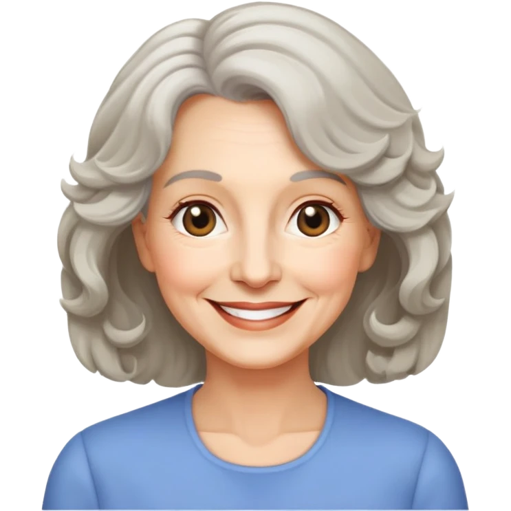 "- Nữ
- 60 tuổi
- Da trắng
- Tóc ngang vai, xoăn nhẹ
- Mặt cười tươi, vui vẻ, mắt màu đen emoji