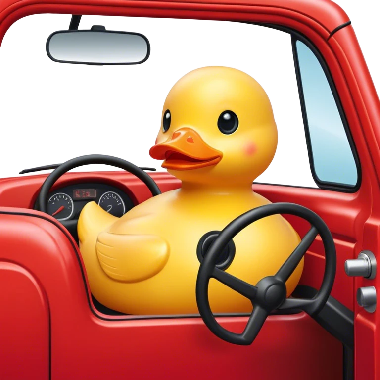 yellow rubber duck in the drivers seat of a red truck emoji