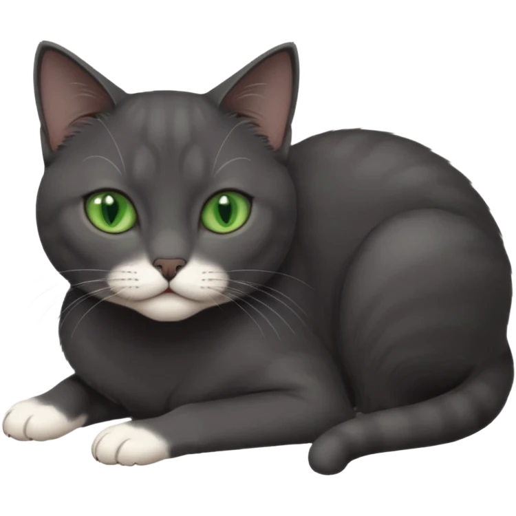 beautiful female solid dark grey cat with green eyes, white toes/paws and white patch on her chest lying down emoji