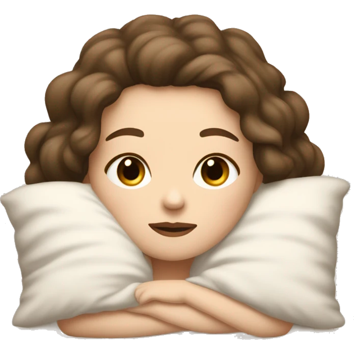 white girl, dir darkbrown hair laying in bed sleeping like e baby. bed color is alls in beige and white emoji