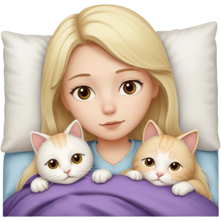 They recreate a photo of a blonde girl with light brown eyes, lying in bed sick with the flu, with her cat white nearby. emoji