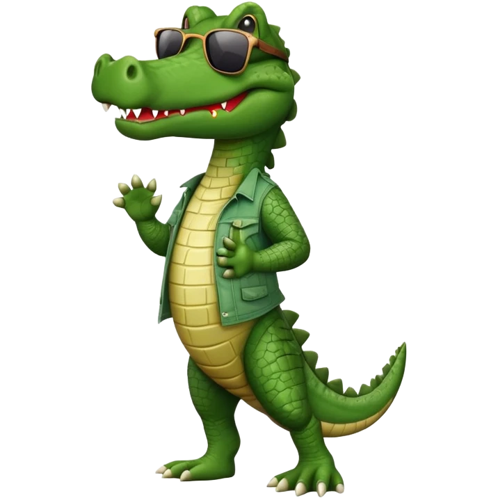 friendly anthropomorphised crocodile in casual clothing, wearing dark sunglasses, walking upright, relaxed pose emoji