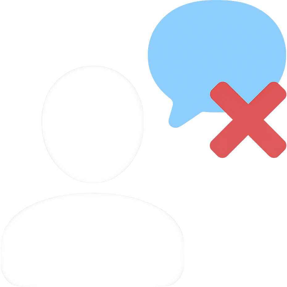 Disengaged user silhouette with a crossed-out chat bubble in flat color icon style, blue color variation, no background. emoji
