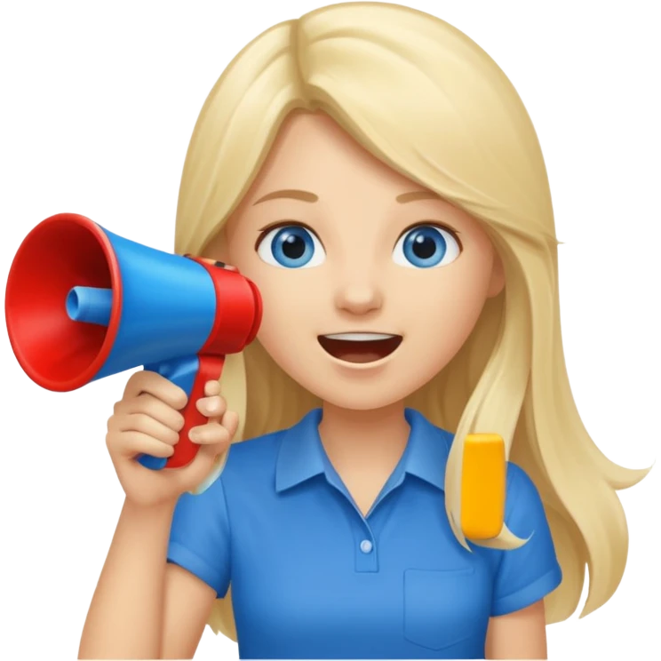 blue eyes blonde girl yelling into megaphone saying timeout long hair smiling emoji