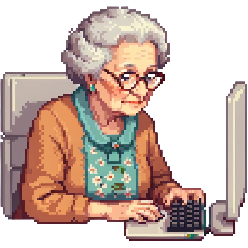 grandma typing on a computer on black background emoji