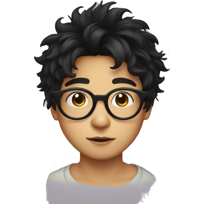 rounded glasses, messy black hair face indie emoji