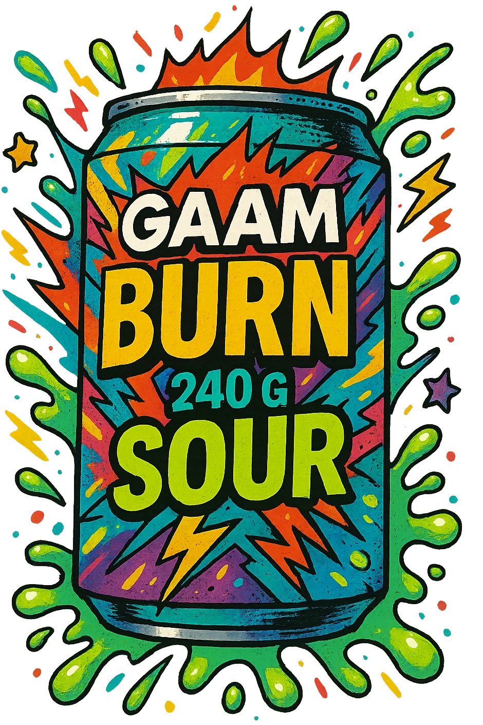 Gaam Burn 240 G Sour, energetic and vibrant, digital illustration, no background emoji