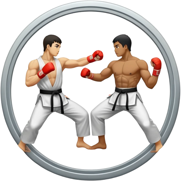 Round emblem symbolizing striking martial arts. The emblem features two fighters in dynamic stances, one delivering a powerful punch while the other defends with a block. In the center, a stylized fist and foot crossed to represent the essence of striking.  emoji