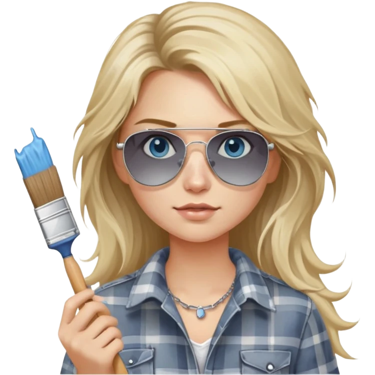 girl with long blond messy hair, wearing grey plaid shirt with blue eyes and aviator sunglasses wearing a ring on her silver necklace, holding a paint brush roller with a small bit of white paint on her face emoji