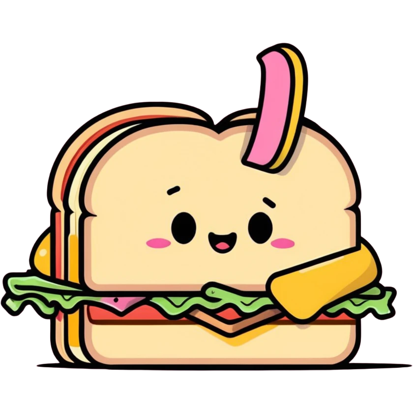 cartoon style messy sandwich with a bite taken out, hand with pink fingernails holding it emoji