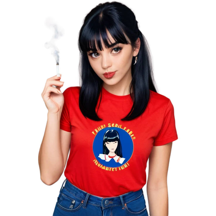 Sexy young woman lighting up a cigarette she has long dark blue black hair with front bangs and she’s wearing a red t shirt  emoji