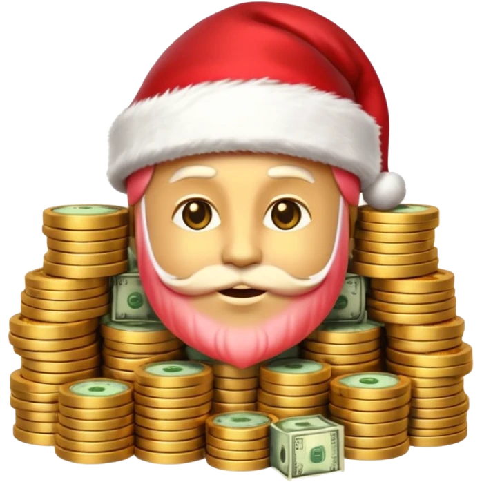 A confident rich emoji face wearing a Santa hat, money stacks, casino vibe, New Year theme, premium 3D emoji style, sharp details, no text, isolated on transparent background emoji