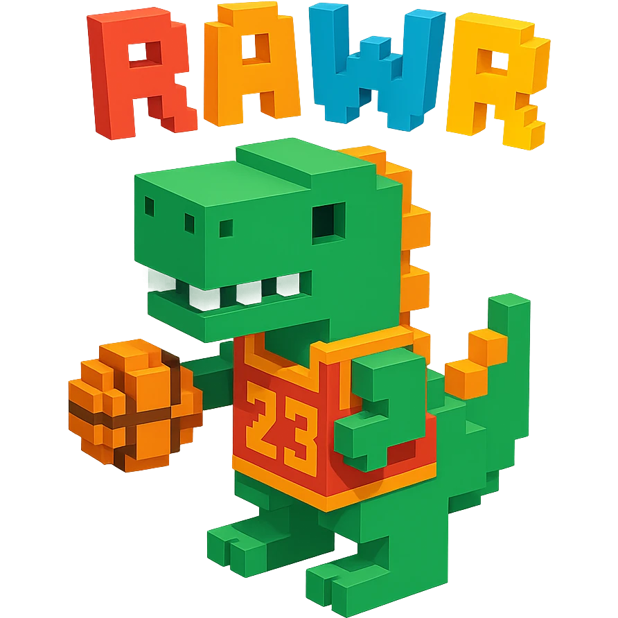 надпись "RAWR" и динозавр с баскетбольном мячом в майке с надписью "23", no background  emoji