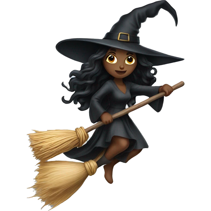 black long hair witch flying on a broom white skin emoji