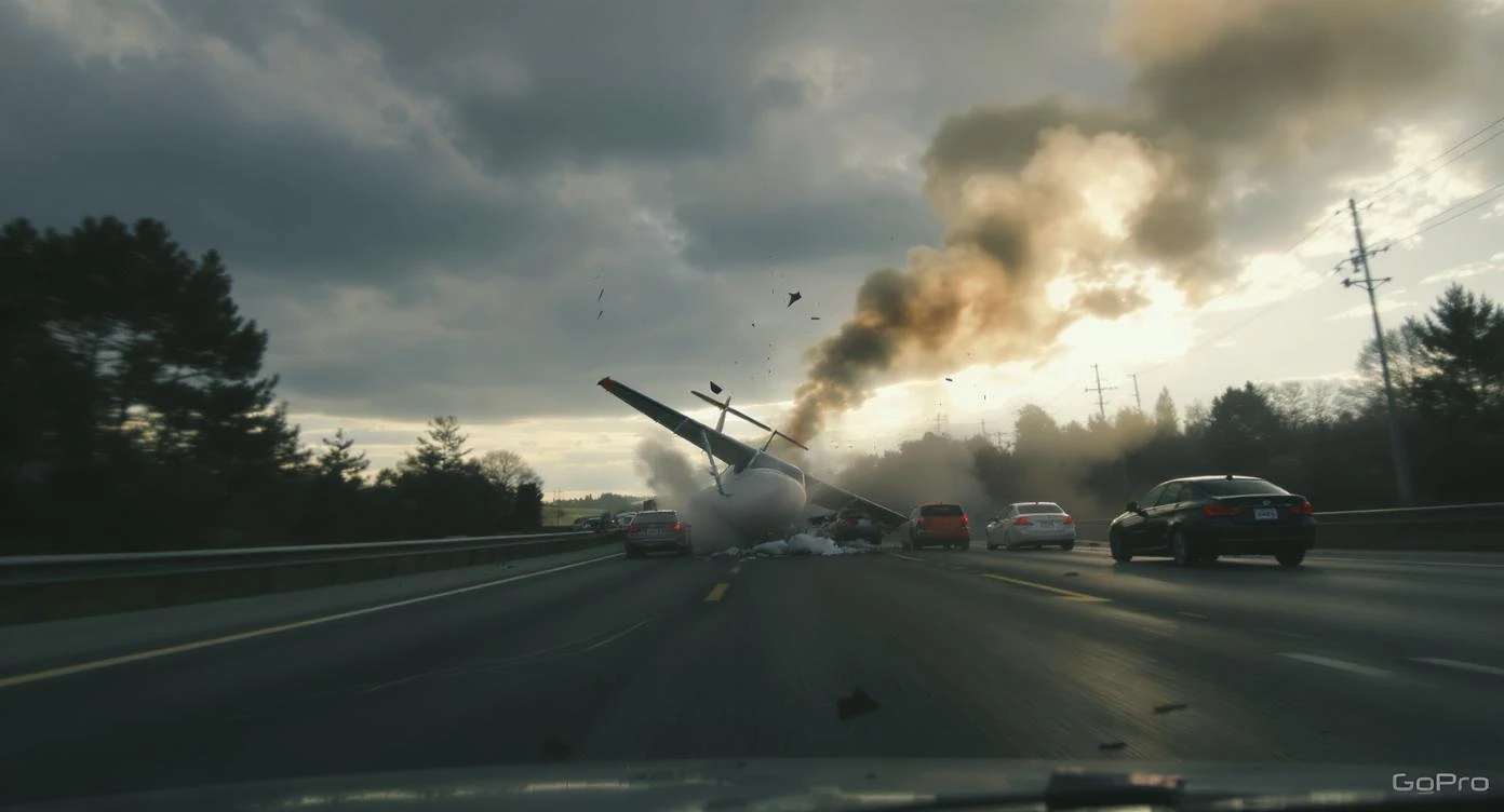 Cinematic still of a plane crash on highway, captured by gopro hero]\ emoji