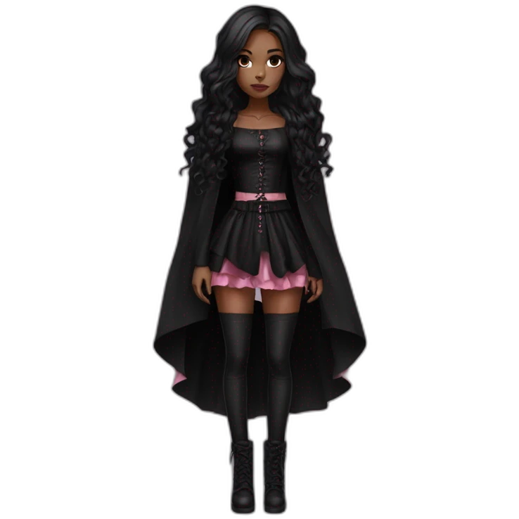 Pink and black gothic clothes, Brown skin girl, full body, long hair, red and black hair emoji