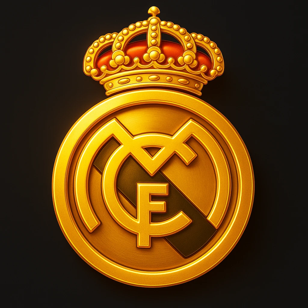 Add a luxurious golden effect to the Real Madrid logo in an emoji style with vibrant colors. The style should reflect the look of emoji art with a focus on golden luxury and bright, vibrant colors. emoji