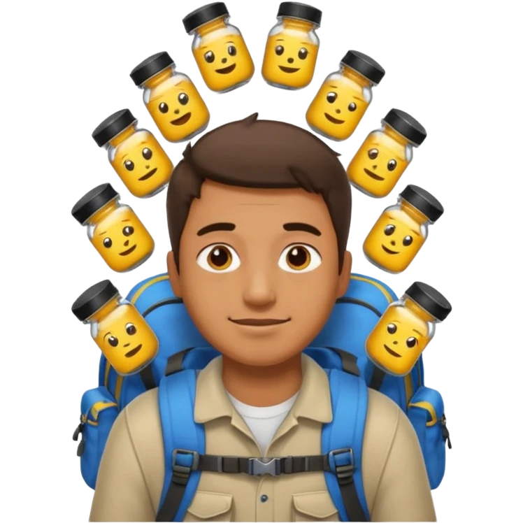 man has 10 small glass jars on his back, emoji from above emoji