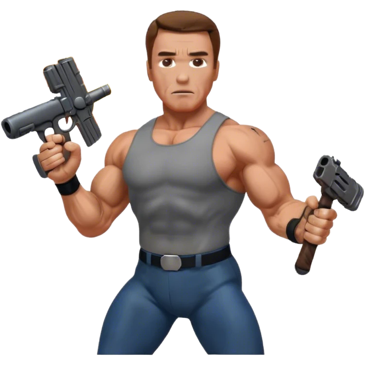 Icon for Action Movies: Arnold Schwarzenegger in the lead role, in an intense action pose with weapons, explosions, and dramatic background. The design should evoke the classic action movie feel with muscle-bound heroes and high-energy sequences. Transparent background. emoji