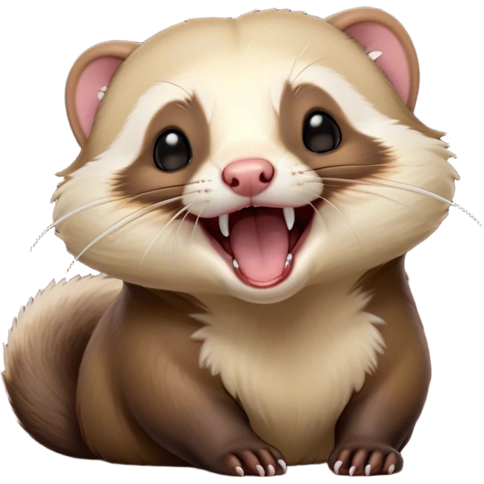 Cinematic Cute Yawning sable ferret Portrait Emoji, Head tilted slightly with an exaggerated, wide-open yawn, showcasing a long, flexible body with a plush fur in soft brown and cream, droopy, drowsy eyes, and a relaxed expression, Simplified yet irresistibly endearing features, highly detailed, glowing with a soft, cozy natural glow, high shine, relaxed yet expressive, stylized with a dash of whimsical charm, soft glowing outline, capturing the essence of a sleepy yet affectionate sable ferret that seems ready to curl up for a nap! emoji