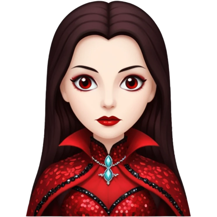 Countess Dracula with long dark brown hair, red sequin outfit  emoji