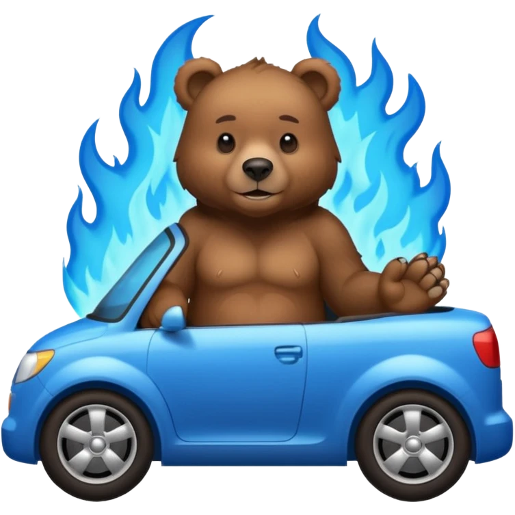 brown bear sitting in a blue burning car emoji