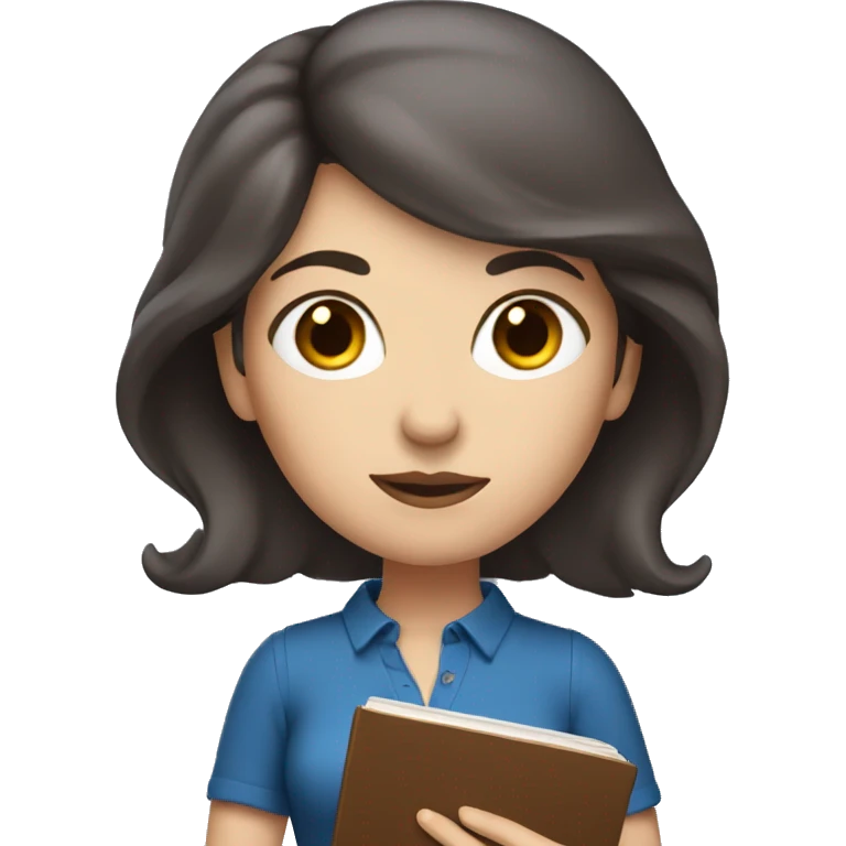 White woman with dark brown hair and eyes holding a book. Blue outfit emoji