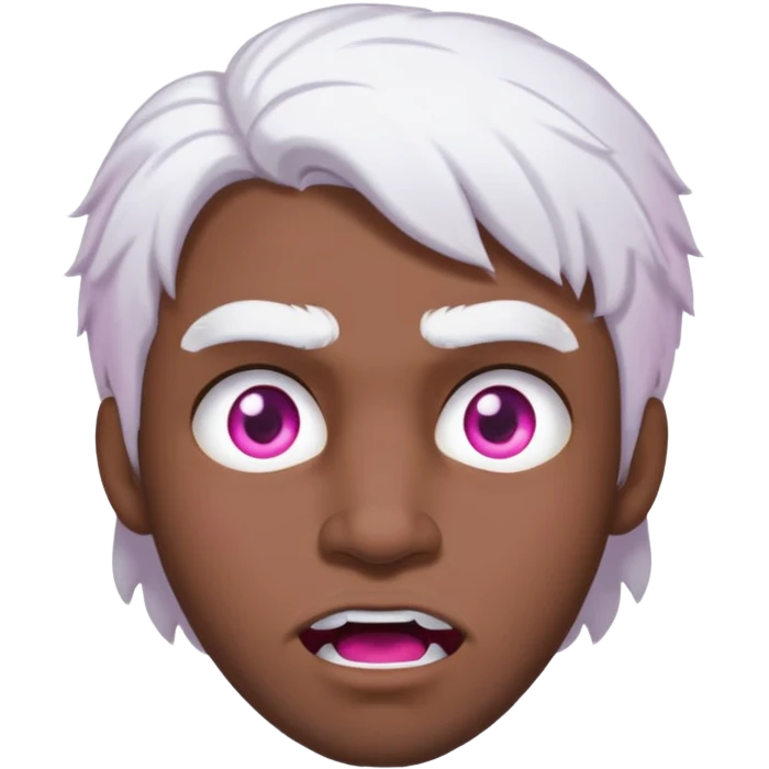 Um homem jovem sem barba, de pele negra, com cabelos médios e brancos como neve, e olhos de iris rosa pink muita raiva, com pele negra emoji