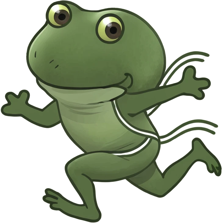 green bufo frog sprinting with motion lines joyful expression 'Io che corro' theme emoji
