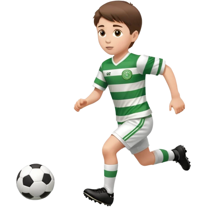 Celtic footballer jersey logo  6 years old brown hair white boy , brown eyes , stripes uniform , RUNNING  with soccer ball # 17 celtic football logo  ONE CELTIC LOGO ONLY white shorts emoji