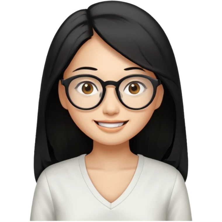 medium tan asian woman with long black hair past middle of back, round brown eyes, white v neck blouse. she has black  square frame glasses on and smiling with no teeth emoji