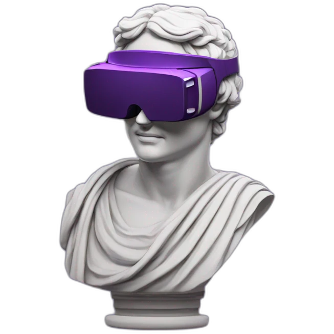 an EMOJI OF A ancient young greek statue, wearing VR headset, purple colors, DIGITAL UNIVERSE emoji