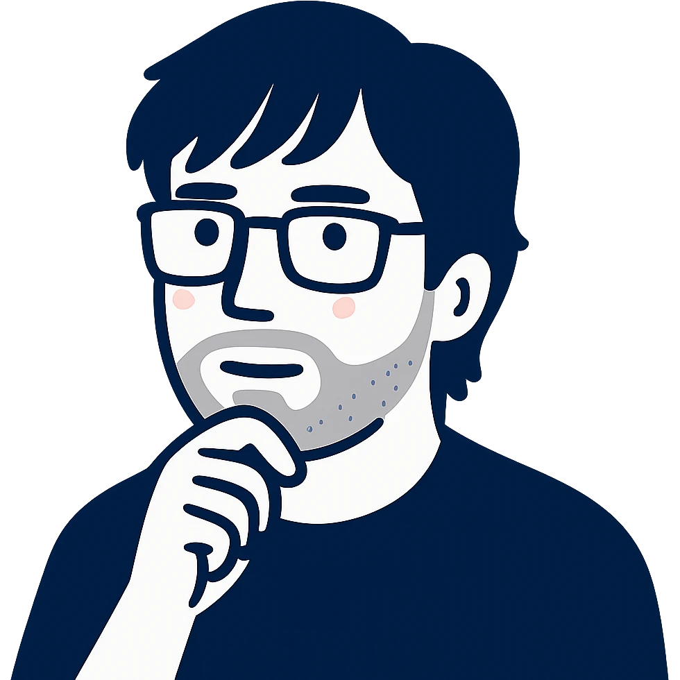 A thoughtful man with rectangular glasses, fashionably tousled longer hair with trendy bangs that frame the face nicely, a naturally round face, and a slightly wider nose. Use dark blue for all main features and line work, minimal pink highlights only on the cheeks, and light gray tones only for the neat short beard and subtle shadows. emoji
