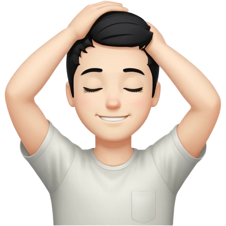 white boy smiling with right hand behind head, black hair, closed eyes emoji