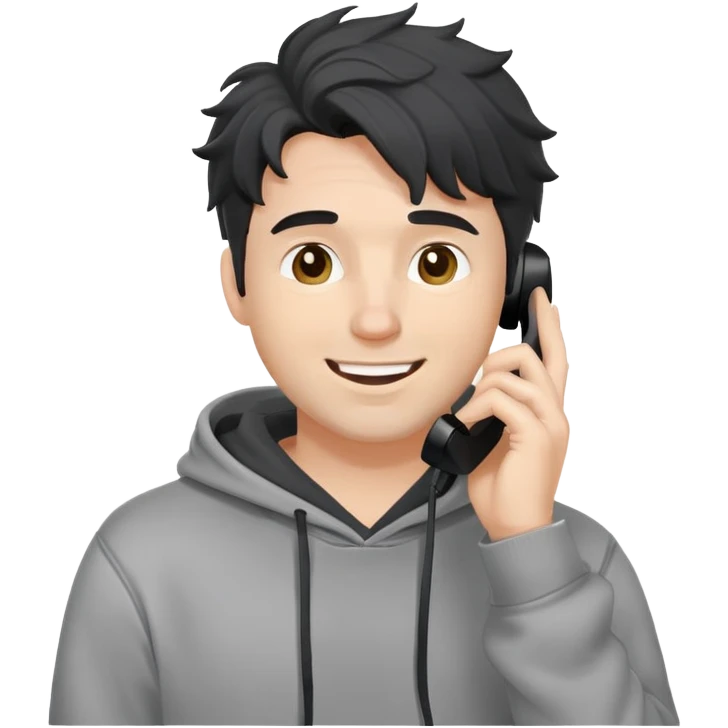 a white man with black messy, grey hoodie taking a call, happy emoji