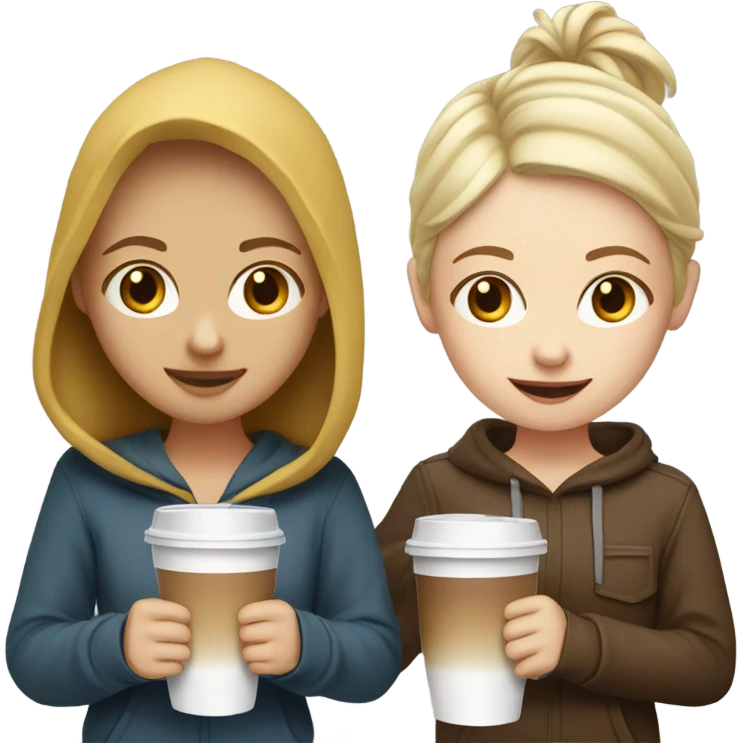 two white-skinned friends, one with blonde hair and the other with brown hair, drinking a cold coffee dressed in hoddies emoji