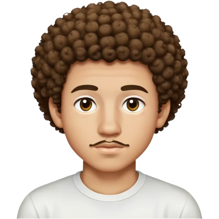 17 year old light-skinned boy with slightly brown smaller eyes, small mustache above lip, very curly hair like a small afro with cut sides, one single curl like an antenna falling on forehead, wearing a tight white shirt emoji