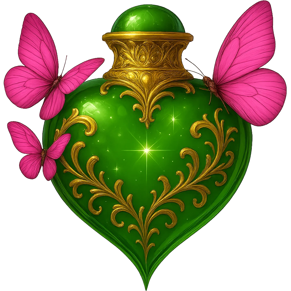 Edit the image of a crystal green heart-shaped bottle with golden details to be floating in the air with no base or shadow, on a transparent background. Butterflies should be touching and attached to the bottle as in the original image, not separate. The design remains elegant with a beautifully connected bottom, no additional elements. Maintain the crystal green heart shape with golden details and an elegant look. emoji